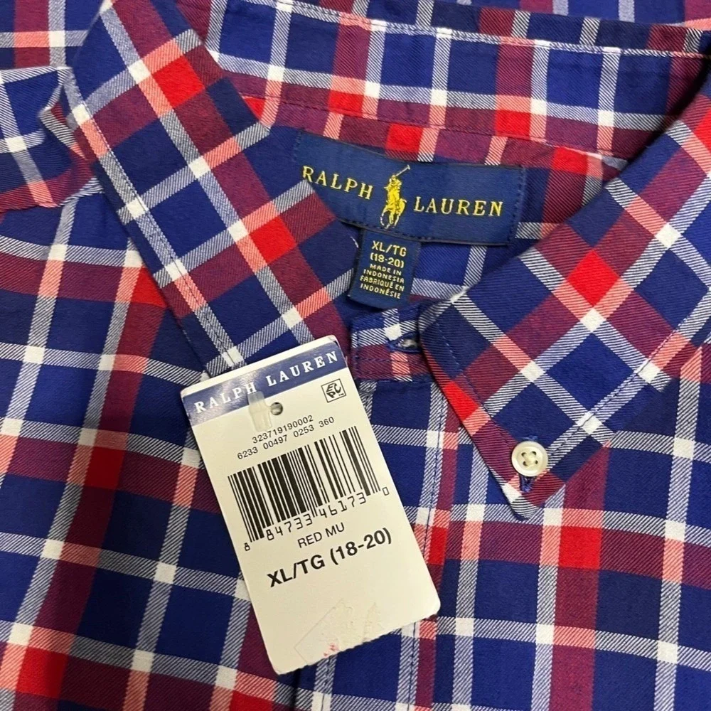 Ralph Lauren Boys XL Red White Blue Plaid Button Down Shirt Americana Preppy NEW